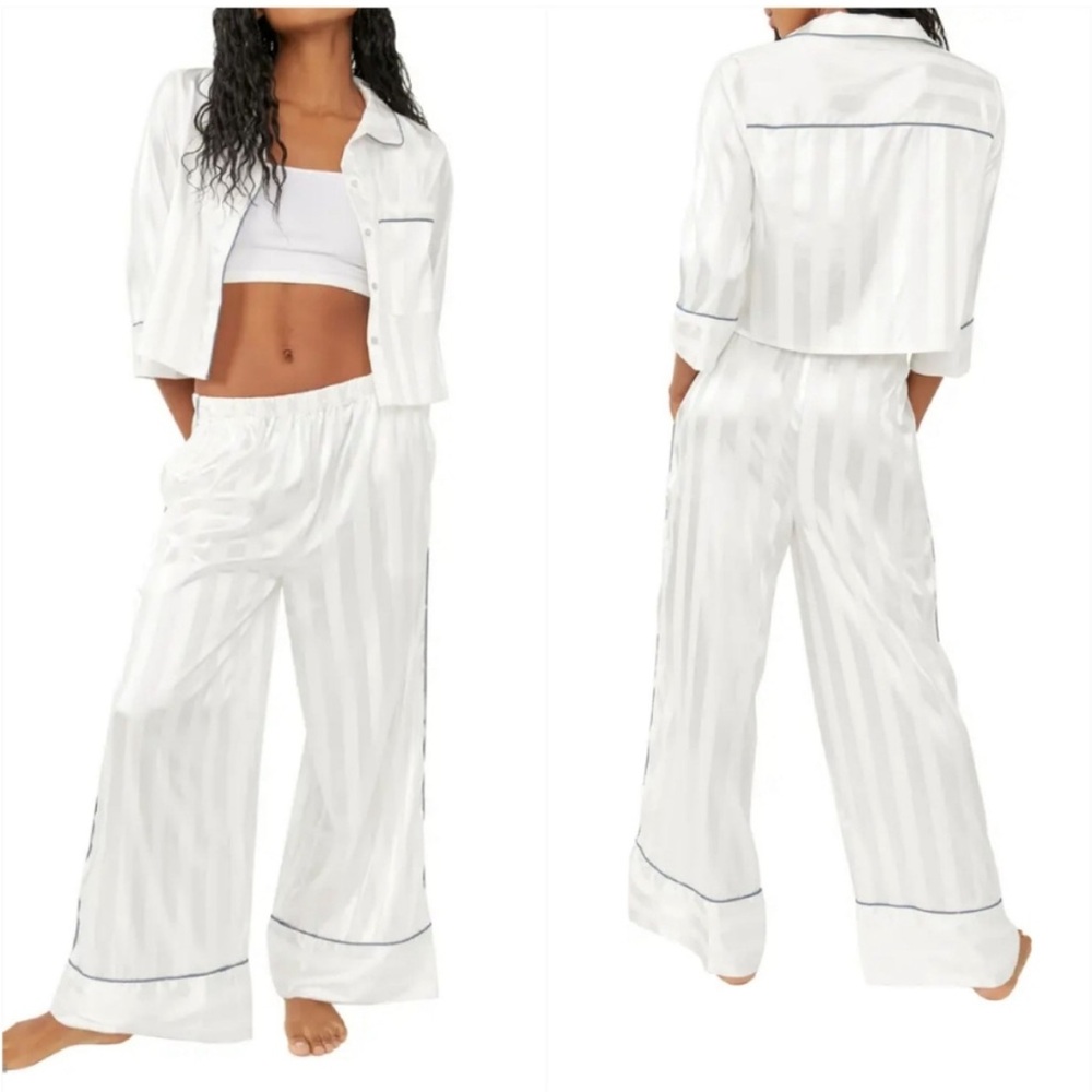 Free People White Satin Stripe Women's Pajama Set with Contrast Piping
